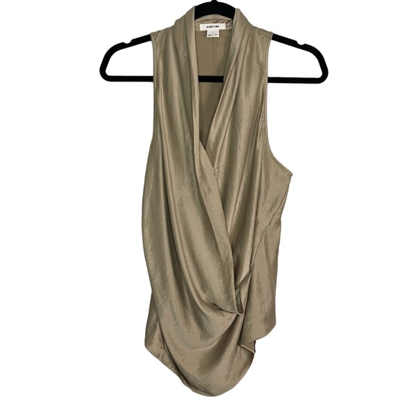 Helmut Lang Gold Wrinkled Satin Sleeveless Draped V Neck Elegant Top - Picture 3 of 9